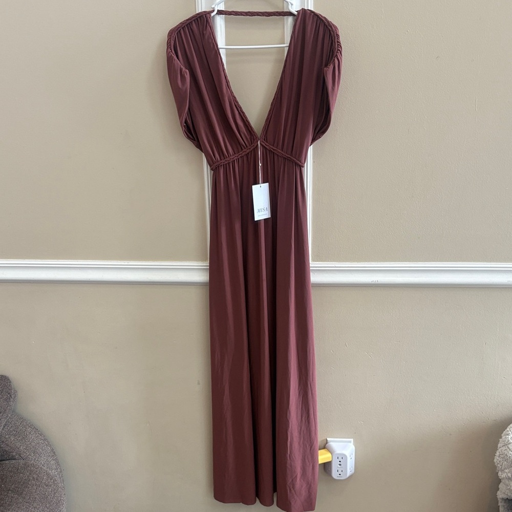 Misa Los Angeles Deep V Maxi Dress in Burgundy